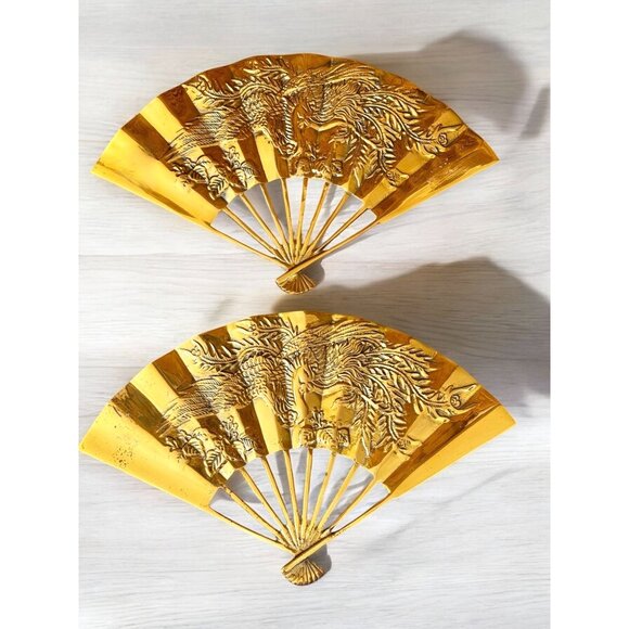 Vintage Genuine Solid Brass Wall Hanging Fans With Dragon Design - Picture 2 of 6